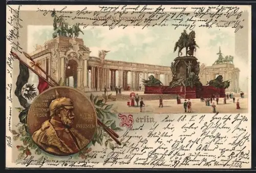Lithographie Berlin, National-Denkmal mit Passanten, Porträt Wilhelm der Grosse