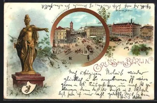 Lithographie Berlin, Königstrasse, Grand Hôtel, Statue mit Wappen