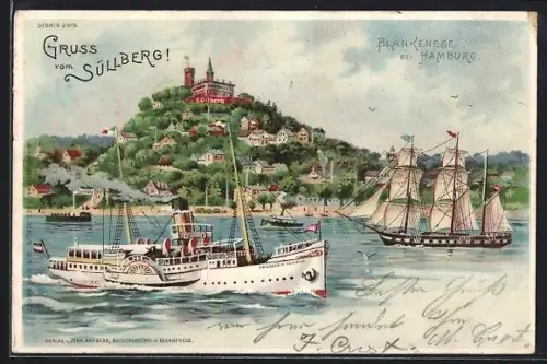 Lithographie Blankenese bei Hamburg, Gasthof Süllberg, Dampfschiff, Segelschiff