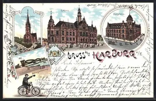 Lithographie Hamburg-Harburg, Rathaus, Postgebäude, Evangelische Kirche