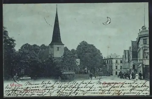 Mondschein-AK Bergedorf, Holstenstrasse mit Hotel Stadt Lübeck