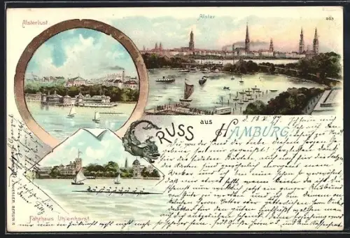 Lithographie Hamburg, Alsterpartie mit Booten, Fährhaus Uhlenhorst