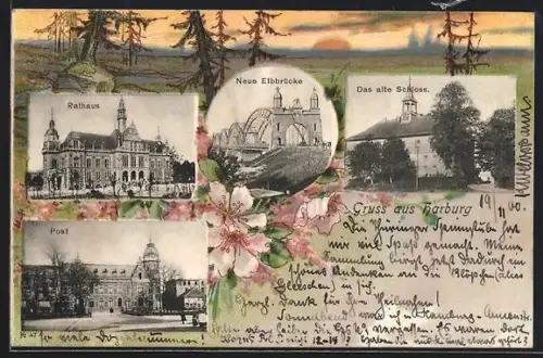 Lithographie Hamburg-Harburg, Rathaus, Neue Elbbrücke, Das alte Schloss, Post
