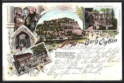 Lithographie Oybin, Kirche, Dorf, Ruine, Friedhof, Kreuzgang