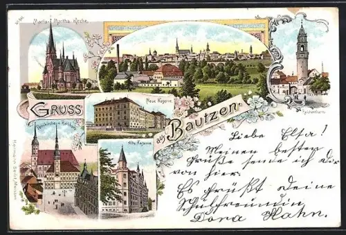 Lithographie Bautzen, Neue Kaserne, Petrikirche und Rathaus, Reichenturm