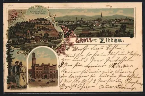 Lithographie Zittau, Rathaus, Ortsansicht mit Kirche, Berg Oybin, vornehmes Paar bei einer Wanderung