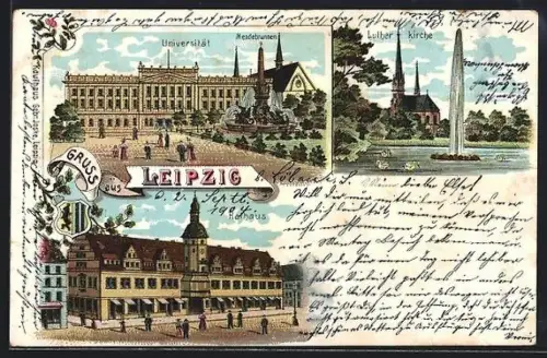 Lithographie Leipzig, Rathaus, Universität, Mendebrunnen, Lutherkirche
