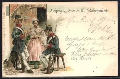 Lithographie Leipzig, Soldaten der Infanterie mit Gewehren Ende des 18. Jahrhunderts