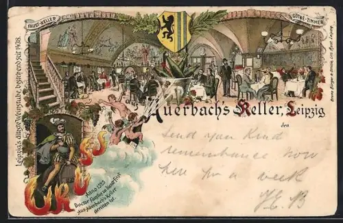 Lithographie Leipzig, Gasthaus Auerbach`s Keller, Blick in den Faust-Keller