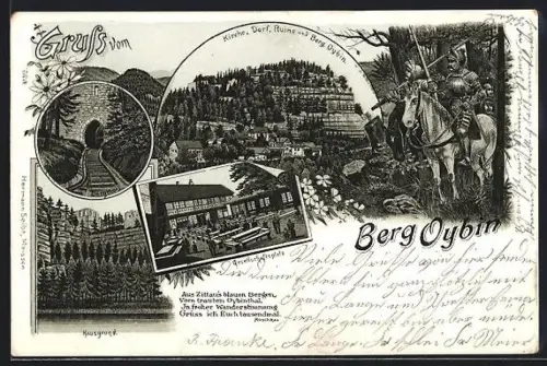 Lithographie Oybin, Gesellschaftsplatz, Burgthor, Kirche, Dorf, Ruine & Berg Oybin