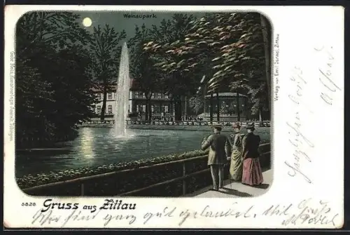 Lithographie Zittau, Brunnen im Weinaupark