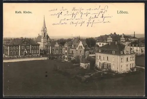 AK Löbau, Blick auf die katholische Kirche aus der Vogelschau