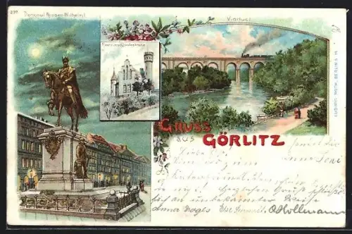 Lithographie Görlitz, Restaurant Landeskrone, Reiterstandbild Kaiser Wilhelm I., Eisenbahnviadukt