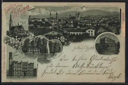 Mondschein-AK Zittau, Weinau-Restaurant, Rathaus, Königl. Baugewerkschule, Katholische Kirche, Ortsansicht