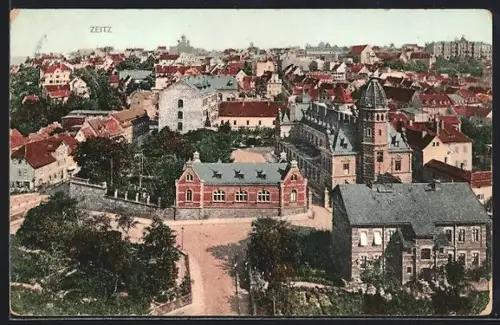 AK Zeitz, Teilansicht mit Kirche und Strassenpartie