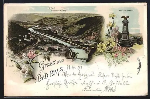 Lithographie Bad Ems, Ortsansicht Lahnaufwärts, Kriegerdenkmal