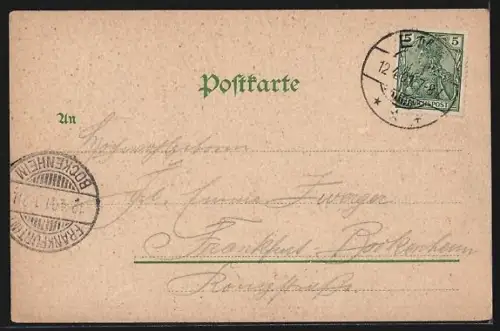 Lithographie Bad Ems, Ortsansicht Lahnaufwärts, Kriegerdenkmal