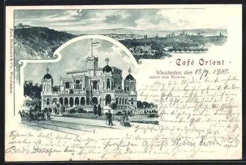 Lithographie Wiesbaden, Ansicht vom Café Orient, Fernsicht auf Wiesbaden