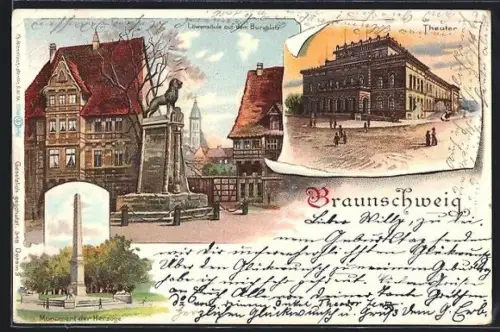 Lithographie Braunschweig, Theater, Monument der Herzöge, Löwensäule auf dem Burgplatz