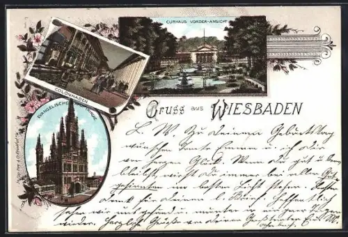 Lithographie Wiesbaden, Vorderansicht des Kurhauses, Kolonnaden, Evangelische Hauptkirche