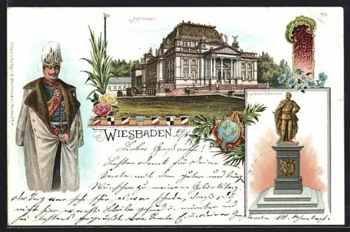 Lithographie Wiesbaden, Kaiser Wilhelm II. mit Mantel, Kaiser Friedrich Denkmal, Hoftheater