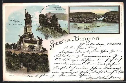 Lithographie Bingen / Rhein, Schloss Rheinstein, Nationaldenkmal a. d. Niederwald, Ortsansicht