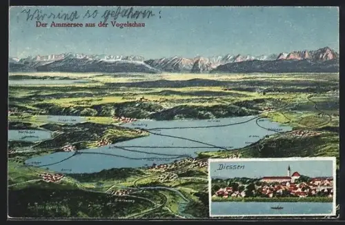 Künstler-AK Eugen Felle: Diessen / Ammersee, Teilansicht vom Ort, Ammersee aus der Vogelschau