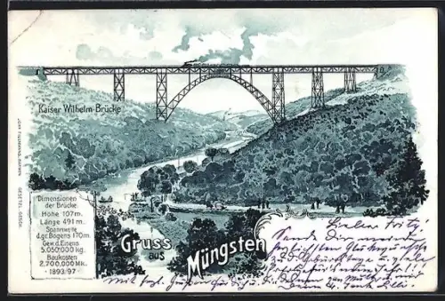 Lithographie Müngsten, Blick auf die Kaiser Wilhelm-Eisenbahnbrücke, Länge 491m