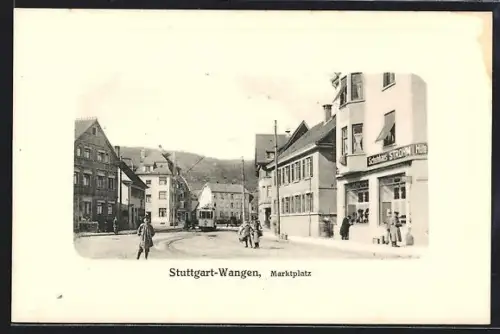 AK Stuttgart-Wangen, Marktplatz mit Schuhhaus Strohm, Strassenbahn