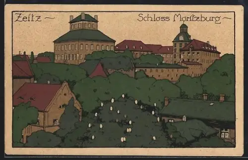 Steindruck-AK Zeitz, Teilansicht mit Schloss Moritzburg