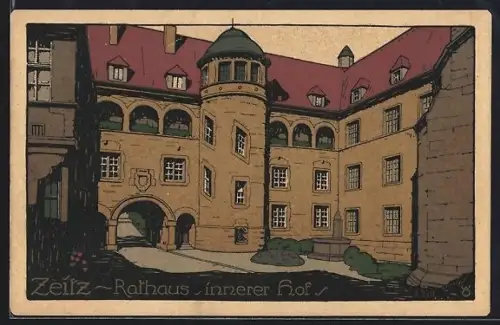 Steindruck-AK Zeitz, Innerer Hof des Rathauses