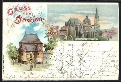 Lithographie Aachen, Pontthor und Dom