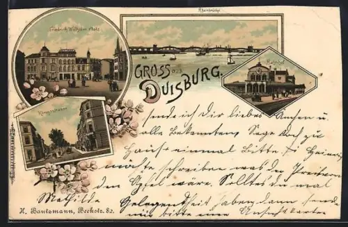 Lithographie Duisburg, Friedrich Wilhelm-Platz, Rheinbrücke, Konigsstrasse, Bahnhof