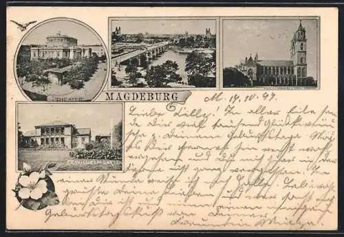 AK Magdeburg, Friedrich Wilhelm-Garten, Theater, Teilansicht mit Brücke über die Elbe