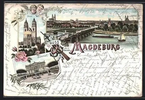 Lithographie Magdeburg, Panoramablick, Dom & Bahnhof