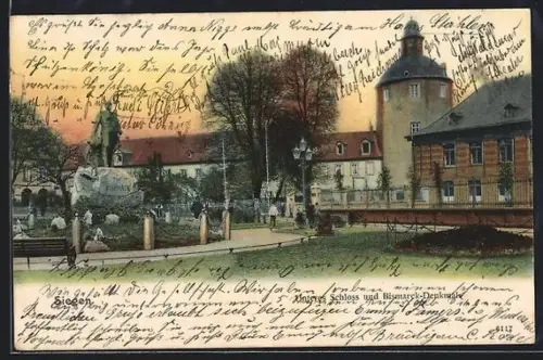 AK Siegen, Unteres Schloss mit Bismarck-Denkmal