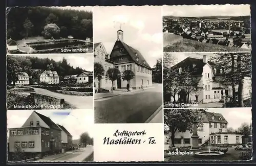 AK Nastätten /Ts., Hotel Oranien, Adolfsplatz, Schwimmbad