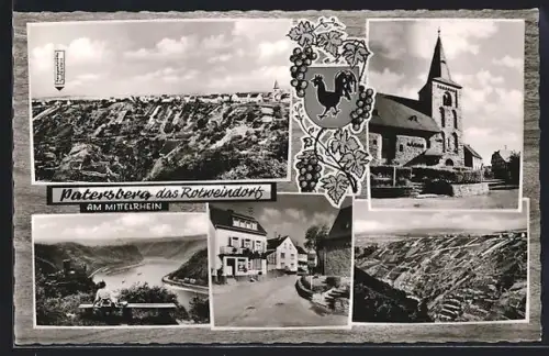 AK Patersberg am Mittelrhein, Hotel Am Teufelstein H. Brodt, Ortsansicht, Strassenpartie, Wappen