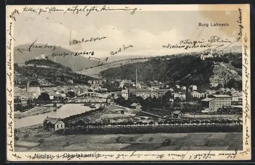 AK Oberlahnstein, Nieder- u. Oberlahnstein mit Lahneck aus der Vogelschau