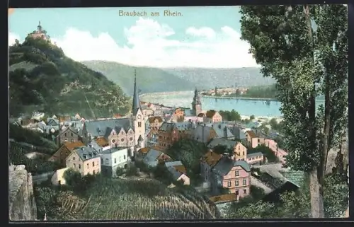 AK Braubach a. Rh., Totalansicht mit Rheinblick aus der Vogelschau