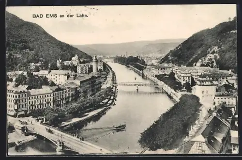 AK Bad Ems /Lahn, Totalansicht mit Brücken aus der Vogelschau