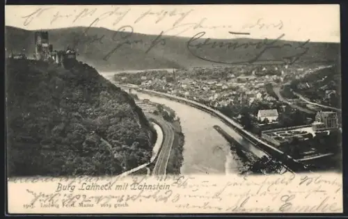 AK Lahnstein, Burg Lahneck und Ort aus der Vogelschau