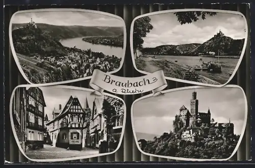AK Braubach /Rh., Burg, Strassenpartie, Totalansicht mit Rhein