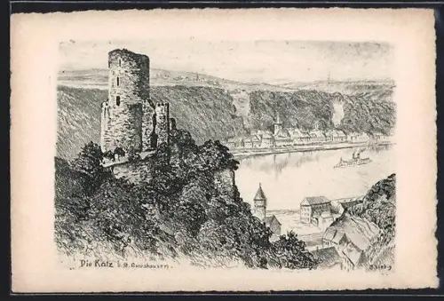 Künstler-AK St. Goarshausen, Burg Katz mit Ortsblick aus der Vogelschau