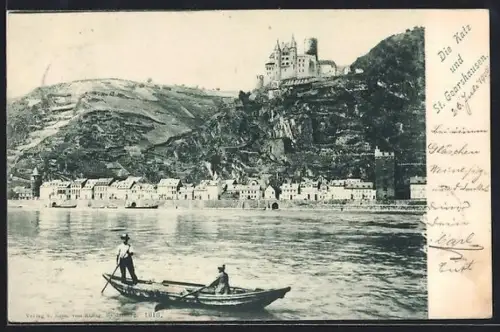 AK St. Goarshausen, Ortsansicht mit Burg Katz, mit Bootspartie