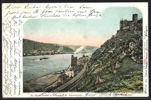 AK St. Goar, Ortsansicht mit St. Goarshausen u. Burg Katz aus der Vogelschau