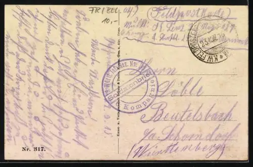 AK Varennes, Soldats devant des bâtiments en ruines après un bombardement