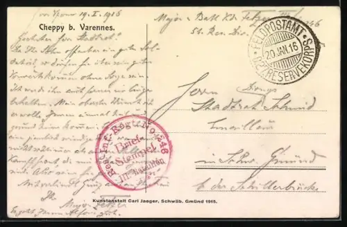 AK Cheppy /Varennes, Soldats à cheval devant un paysage de ruines et d`arbres en hiver