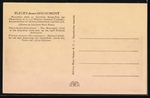 AK Fleury-devant-Douaumont, Monument au Carrefour Sainte-Fine par l`Association de la 132e Division