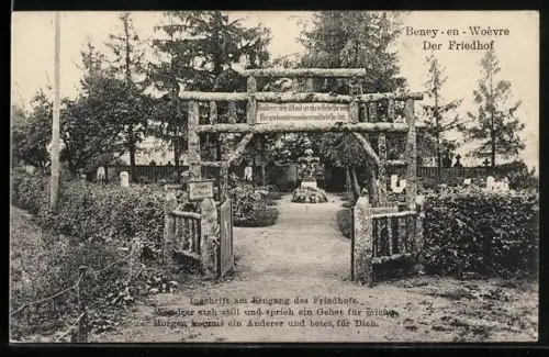 AK Béney-en-Woëvre, Entrée du cimetière avec inscription en allemand